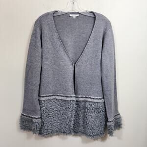 Sioni Cardigan Sweater Jacket Gray Faux Fur Sherpa Fringe Sequin Beaded Trim L